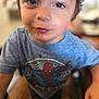 Greyson joined the competition — help win amazing prizes! child, boy, face, tshirt, spiderman, messy, closeup, curious, brown_eyes, short_hair, indoor, wooden_chair, playful, portrait, casual_clothing, young, person, smudge, leaning, expression