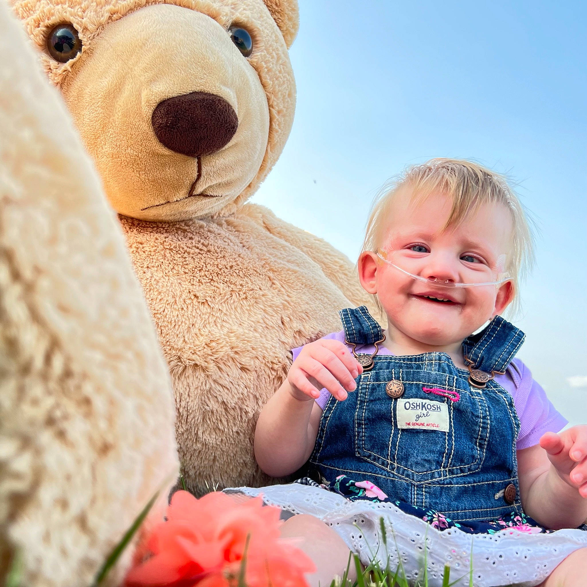 Cecilia is registered to the contest to win money with this photo: baby, baby_toddler_clothing, beauty, facial_expression, gesture, grass, happy, joy, mammal, nose, organ, people, people_in_nature, person, photograph, pink, skin, sky, smile, teddy_bear