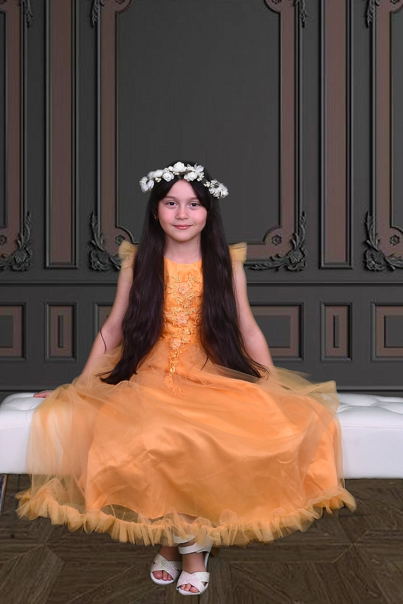 Emily is registered to the contest to win money with this photo: bridal_accessory, bridal_clothing, bridal_party_dress, dress, embellishment, event, fashion_design, fashion_model, flash_photography, flooring, formal_wear, gown, happy, haute_couture, headpiece, headwear, jewellery, joy, long_hair, peach