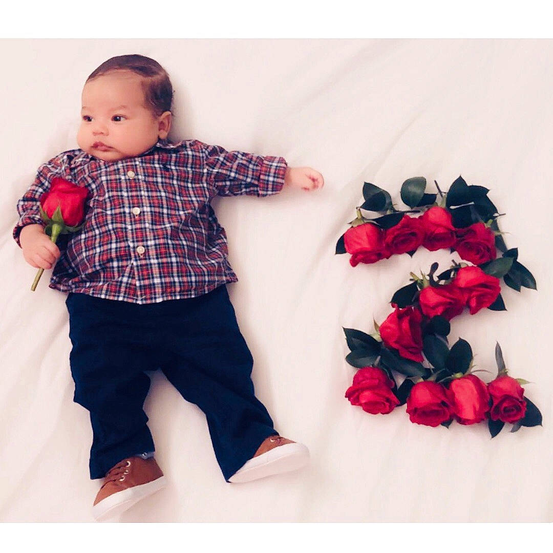 Adriel joined the competition — help win amazing prizes! arm, baby, child, clothing, design, dress, flower, footwear, joint, male, outerwear, pattern, person, petal, plaid, plant, red, shoulder, sleeve, textile