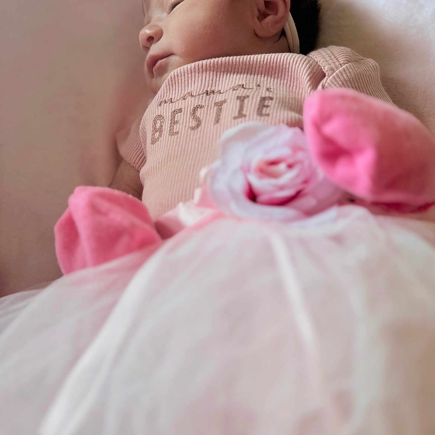 Kiya joined the competition — help win amazing prizes! adorable, baby, blanket, bow, child, closeup, clothing, cute, headband, indoor, infant, mittens, newborn, pink, portrait, resting, rose, sleeping, soft, tutu