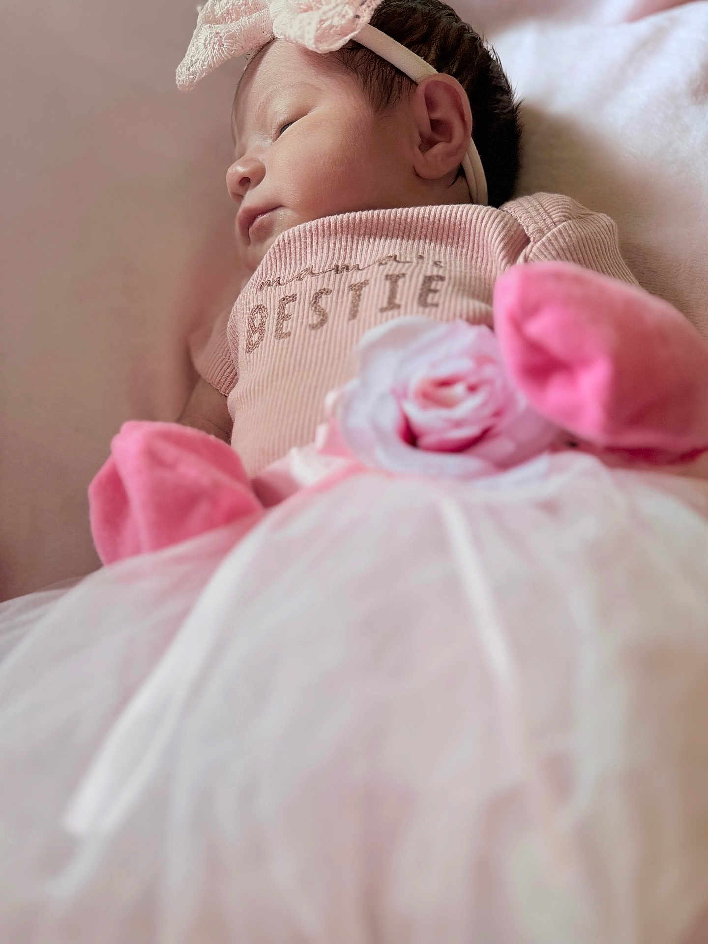 Kiya joined the competition — help win amazing prizes! baby, newborn, pink, headband, bow, mittens, tutu, rose, sleeping, soft, blanket, portrait, cute, infant, clothing, closeup, resting, indoor, adorable, child