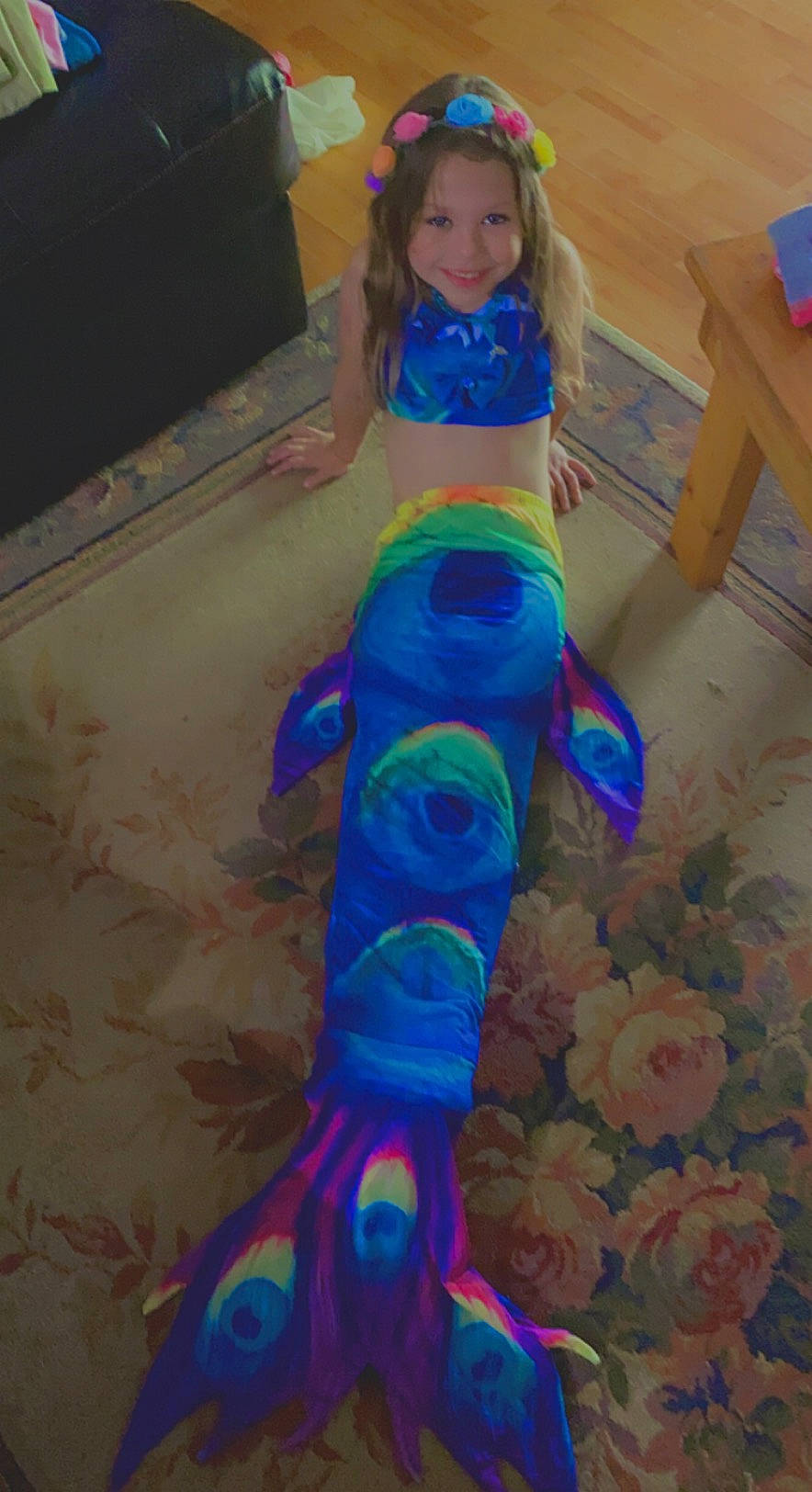 Skylee joined the competition — help win amazing prizes! barefoot, blue, chair, child, clothing, electric_blue, flooring, fun, happy, human_leg, joy, knee, paint, pattern, person, purple, smile, table, television, textile