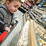 toddler, child, shopping_cart, bakery, pastries, supermarket, food_display, glass_case, cozy_jacket, curious, indoors, floor_tiles, handrail, snack, dessert, bread, store, shopping, grocery, bakery_section