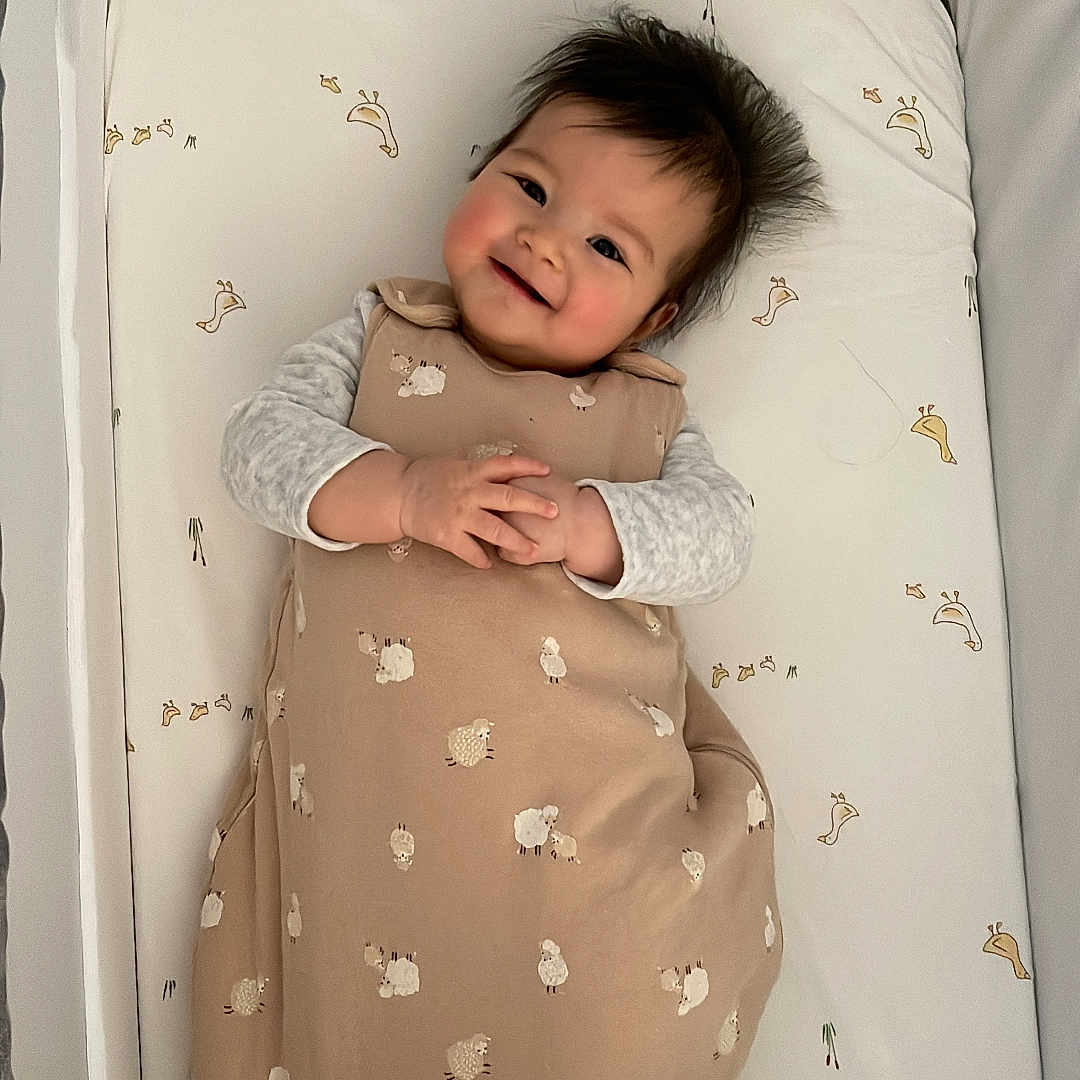 Luna joined the competition — help win amazing prizes! baby, bed, blanket, crib, face, furniture, happy, head, infantbed, person, smile