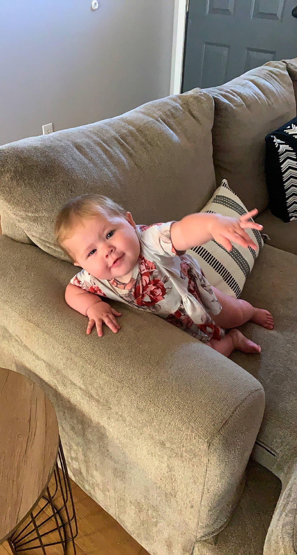 Hope joined the competition — help win amazing prizes! baby, baby_toddler_clothing, child, comfort, couch, finger, floor, flooring, hairstyle, human_leg, knee, lap, linens, mammal, person, skin, sleeve, smile, textile, toddler