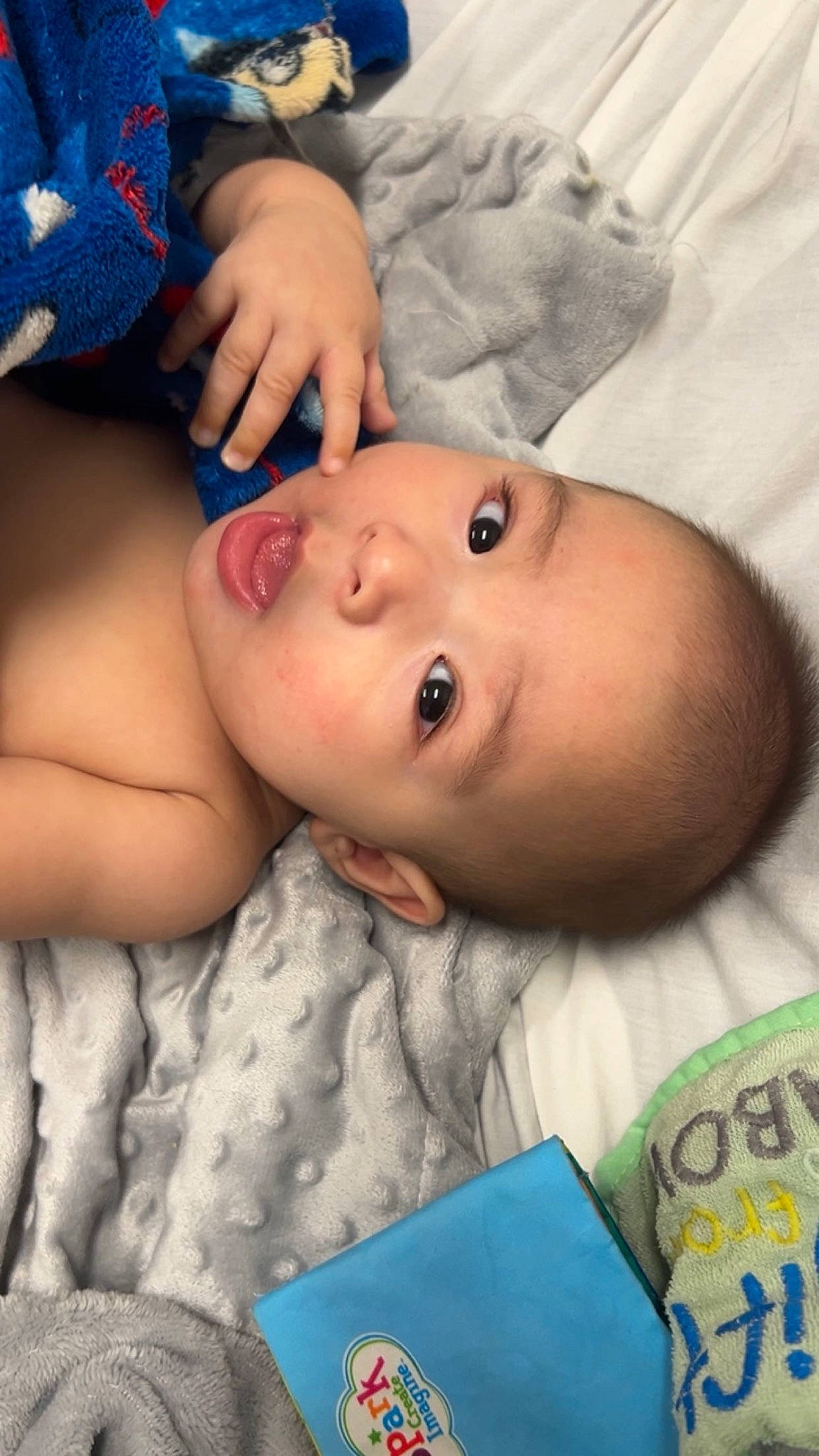 Josiah joined the competition — help win amazing prizes! baby, baby_toddler_clothing, blue, cheek, child, comfort, eye, eyebrow, eyelash, face, happy, iris, linens, lip, mouth, nose, pattern, person, skin, sleeve