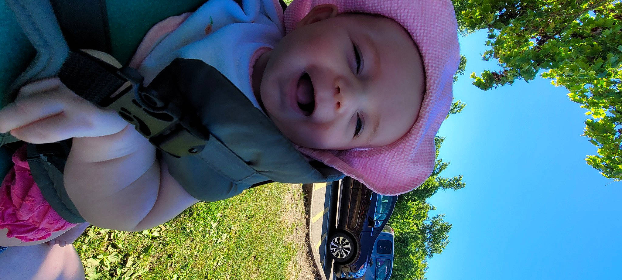 Raven joined the competition — help win amazing prizes! automotive_lighting, baby, baby_toddler_clothing, car, cool, eye, grass, happy, hat, headgear, headwear, lip, nose, person, pink, plant, sky, smile, tire, toddler