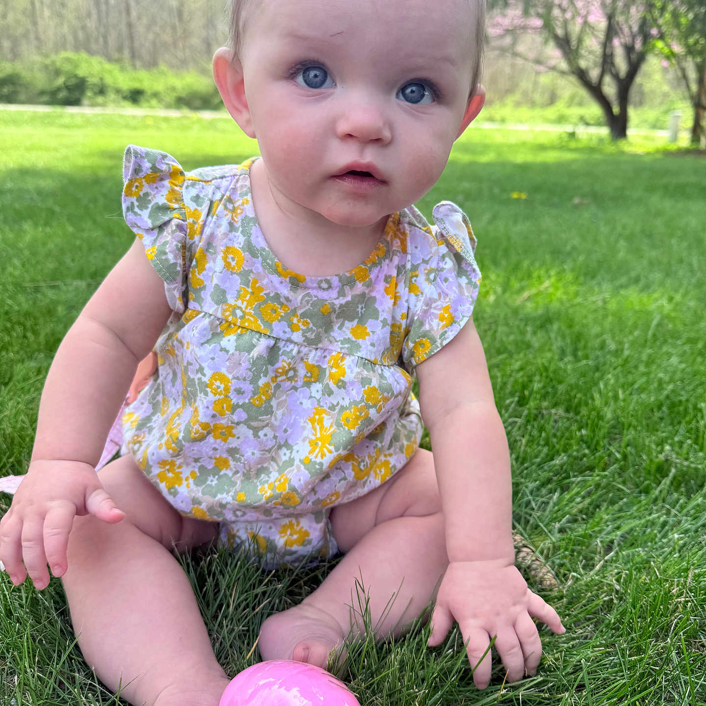 Mayslee joined the competition — help win amazing prizes! baby, blue_eyes, child, cute, flowered_dress, foot, grass, greenery, hand, infant, nature, outdoor, pink_egg, playful, portrait, sitting, skin, spring, summer, sunlight