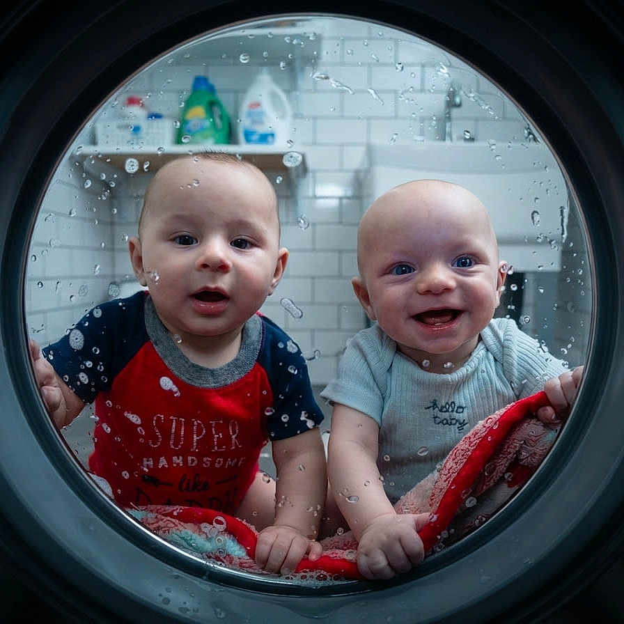 Ollie Onyx is registered to the contest to win money with this photo: babies, bathroom, clothing, faces, glass, happy, indoors, infants, laundry, portrait, red_blanket, reflection, siblings, sitting, smiling, soap_bottles, tiles, twins, washing_machine, water_droplets
