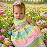 baby, basket, bow, child, colorful, cute, daisies, dress, easter_eggs, festive, flower_field, grass, holiday, nature, outdoor, pastel_colors, pink_tulips, portrait, spring, toddler