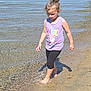 Hayzlee is registered to the contest to win money with this photo: child, girl, barefoot, lake, water, sand, shore, summer, outdoor, tank_top, leggings, hair_bun, splashing, nature, daylight, casual_clothing, walking, young, calm_water, playful