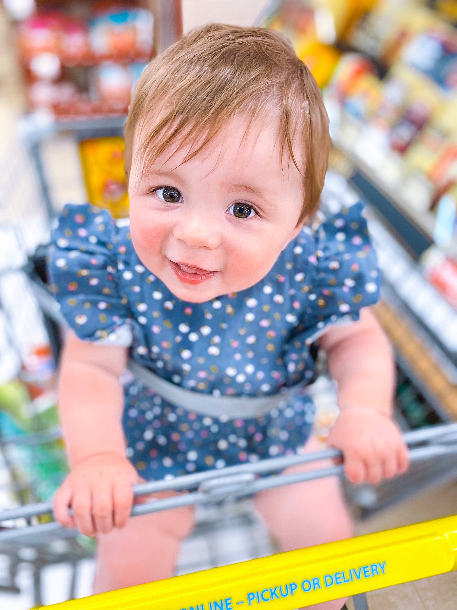 Savannah joined the competition — help win amazing prizes! baby, baby_toddler_clothing, cheek, child, facial_expression, fun, hairstyle, happy, iris, person, photograph, product, shelf, shopping_cart, sitting, skin, sleeve, smile, snapshot, standing