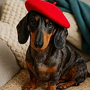 Mishka participe au concours pour gagner de l'argent avec cette photo : dog, dachshund, beret, red_hat, pet, cute, indoor, couch, blanket, patterned_fabric, brown_black_fur, portrait, animal, sitting, looking_at_camera, cozy, soft_lighting, ears, face, paw