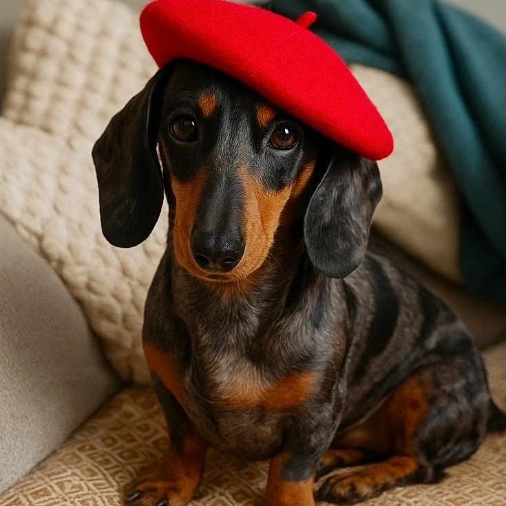 Mishka participe au concours pour gagner de l'argent avec cette photo : animal, beret, blanket, brown_black_fur, couch, cozy, cute, dachshund, dog, ears, face, indoor, looking_at_camera, patterned_fabric, paw, pet, portrait, red_hat, sitting, soft_lighting