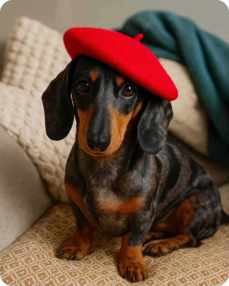 Mishka participe au concours pour gagner de l'argent avec cette photo : dog, dachshund, beret, red_hat, pet, cute, indoor, couch, blanket, patterned_fabric, brown_black_fur, portrait, animal, sitting, looking_at_camera, cozy, soft_lighting, ears, face, paw