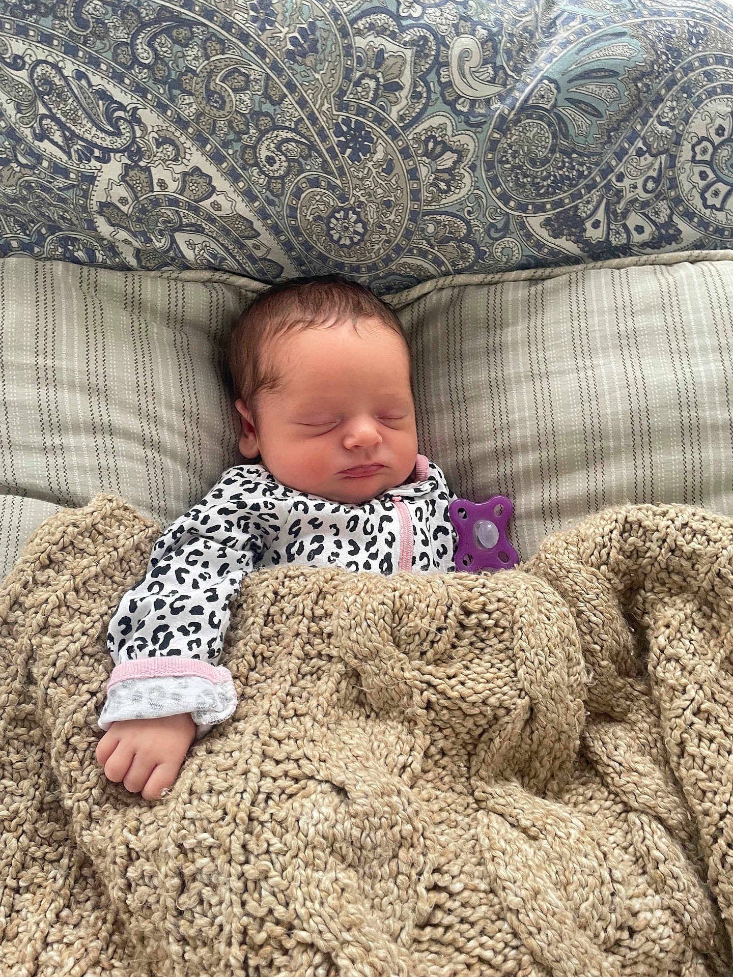 Wrenley joined the competition — help win amazing prizes! newborn, baby, sleeping, blanket, knit, onesie, leopard_print, pillow, pattern, cozy, indoor, child, resting, face, hand, cute, peaceful, infant, portrait, soft