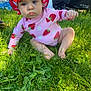 Aleah joined the competition — help win amazing prizes! baby, child, grass, outdoor, hat, strawberry_pattern, pink_clothing, crawling, nature, greenery, cute, infant, sunlight, person, summer, playtime, garden, barefoot, young_child, serious_expression