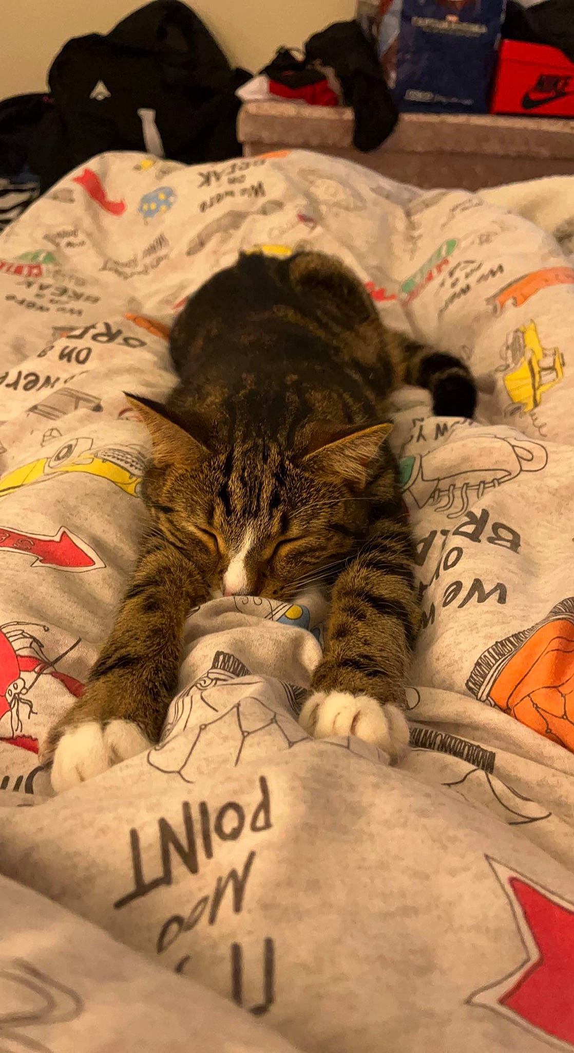 Romeo is registered to the contest to win money with this photo: bed_sheet, bedding, carnivore, cat, comfort, domestic_short_haired_cat, felidae, fur, handwriting, illustration, linens, mammal, nap, pattern, paw, small_to_medium_sized_cats, tail, textile, vertebrate, whiskers