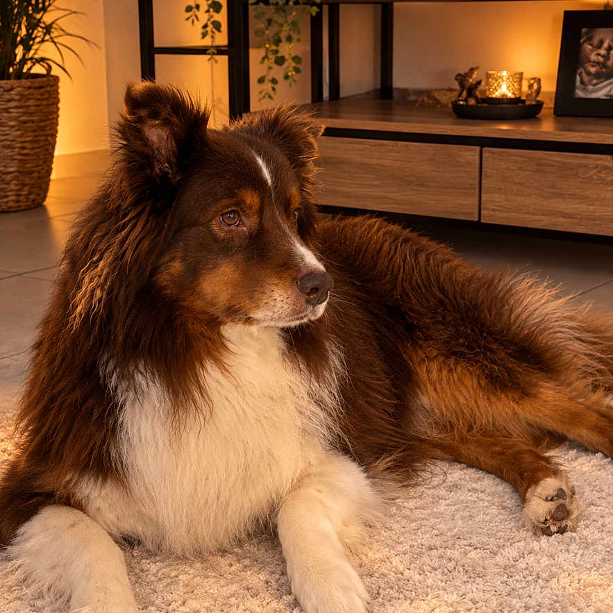 Punkee participe au concours pour gagner de l'argent avec cette photo : dog, brown_dog, white_chest, fluffy, long_hair, lying_down, indoor, living_room, rug, wooden_cabinet, warm_lighting, houseplant, lamp, home_decor, portrait, relaxed, side_profile, pet, cozy, floor
