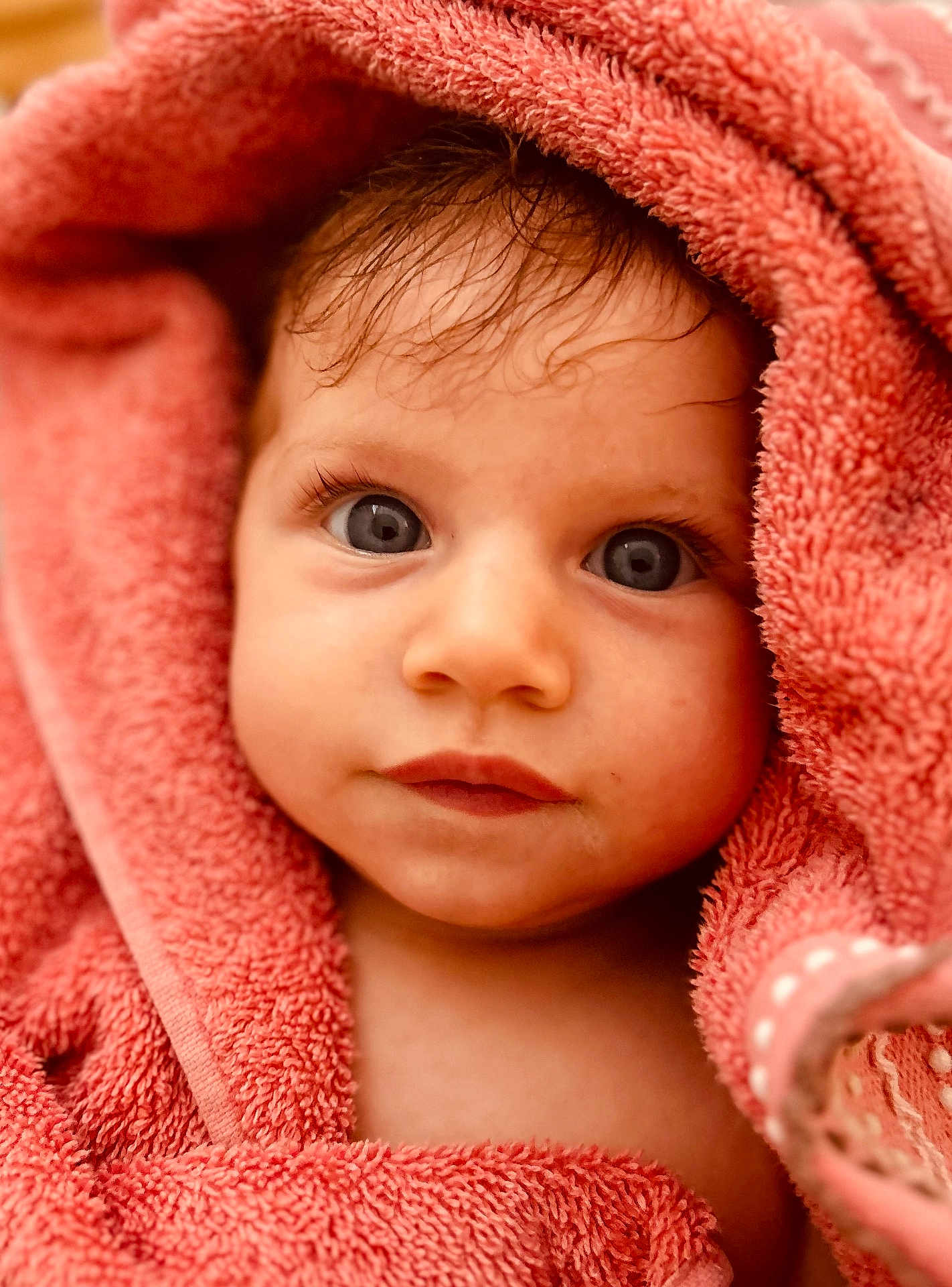 Zélie a rejoint le concours — aidez-le/la à gagner de superbes lots ! baby, close_up, face, portrait, towel, pink, child, cute, wet_hair, skin, eyelashes, expression, young, soft_texture, wrapped, innocent, indoors, looking, head, human