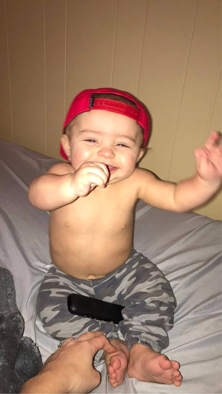 Jaxton is registered to the contest to win money with this photo: abdomen, baby, barechested, chest, child, comfort, elbow, finger, fun, happy, headwear, human_body, joy, mouth, muscle, person, shoulder, smile, stomach, thigh