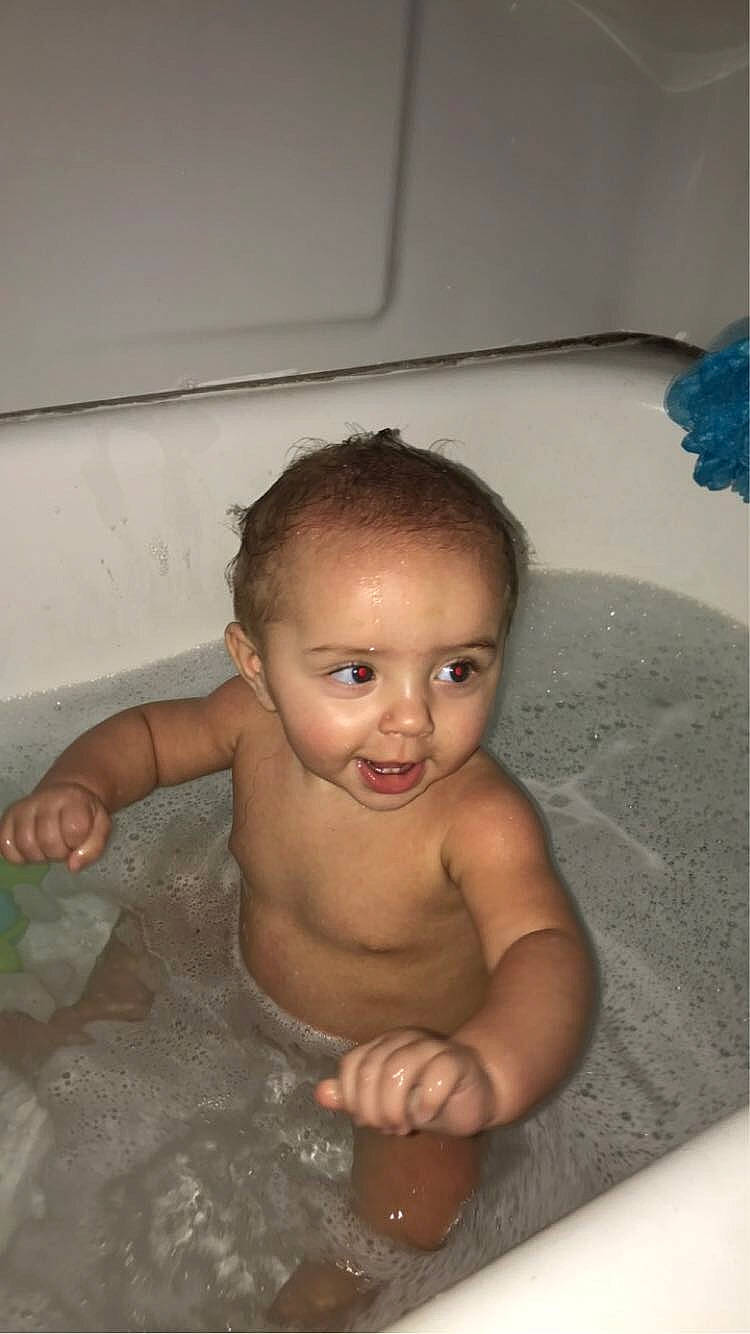 Jaxton joined the competition — help win amazing prizes! baby, baby_bathing, bathing, bathroom, bathtub, chest, child, composite_material, fluid, foam, fun, liquid, person, plumbing, plumbing_fixture, room, skin, smile, thumb, toddler