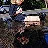 Lucie is registered to the contest to win money with this photo: child, toddler, blond_hair, outdoors, puddle, water, reflection, sitting, black_clothing, shoes, driveway, parked_car, trees, nature, sunlight, portrait, profile, playful, summer, photography