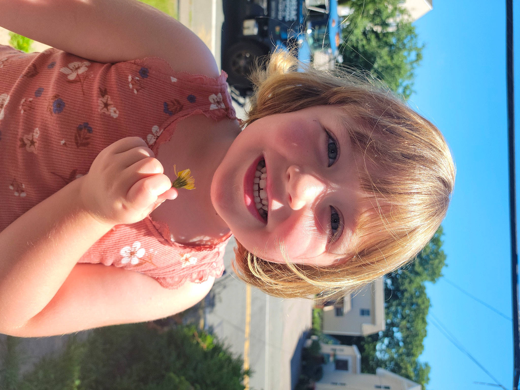 Willow is registered to the contest to win money with this photo: cheek, gesture, grass, happy, iris, joy, light, lip, mouth, nose, people_in_nature, person, photograph, pink, plant, skin, sky, smile, toddler, tree