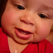 Weston is registered to the contest to win money with this photo: baby, infant, child, smiling, portrait, close_up, face, eyes, cheeks, mouth, drool, red_shirt, indoor, selfie, happy, cute, camera, head, skin, expression