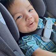 Aiden is registered to the contest to win money with this photo: toddler, child, car_seat, safety_harness, plaid_shirt, smile, happy, baby, face, seatbelt, car_interior, headrest, child_safety, infant, cute, portrait, young_child, clothing, plush_toy, seat