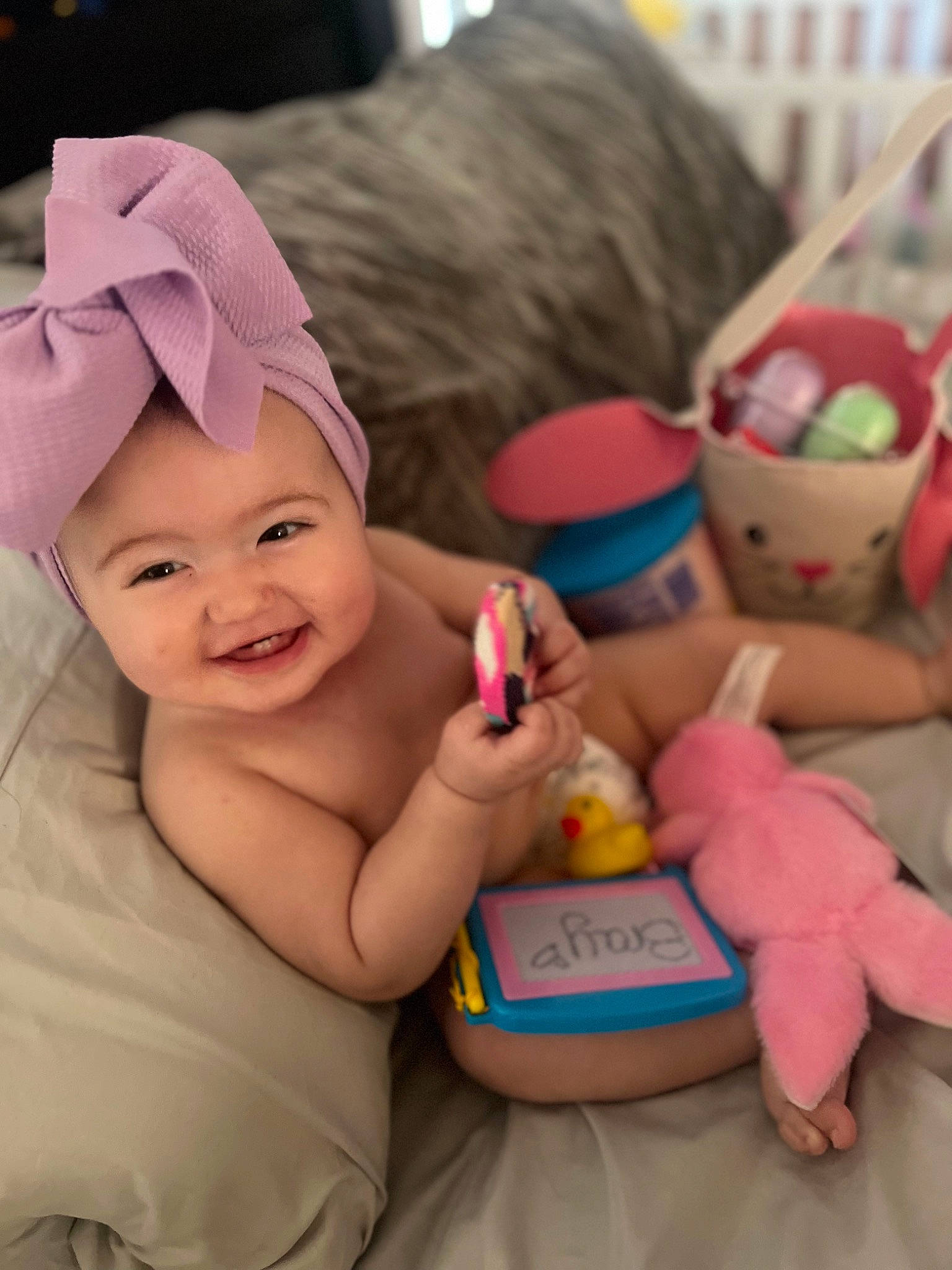 Braylynn joined the competition — help win amazing prizes! baby, baby_laughing, baby_playing_with_toys, baby_toddler_clothing, cap, child, comfort, facial_expression, finger, fun, happy, hat, headwear, joy, leisure, person, pink, product, sitting, skin