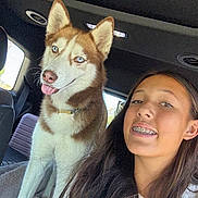 Riley joined the competition — help win amazing prizes! blue_eyes, braces, car_interior, casual, collar, daylight, dog, friendship, girl, happy, husky, indoors, long_hair, pet, portrait, seat, smiling, tongue_out, window, young_person