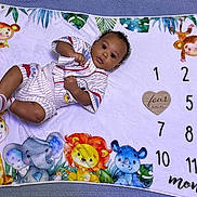 Isaiah joined the competition — help win amazing prizes! baby, infant, child, milestone_blanket, jungle_animals, giraffe, elephant, lion, rhino, monkey, four_months, wooden_heart, striped_outfit, socks, lying_down, cute, colorful, soft_blanket, smiling, portrait