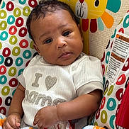 Isaiah is registered to the contest to win money with this photo: baby, baby_seat, blanket, child, circles_pattern, colorful, comfort, cozy, curly_hair, cute, face, heart_symbol, indoors, infant, looking, portrait, small_hand, soft_texture, white_shirt, yellow_lion