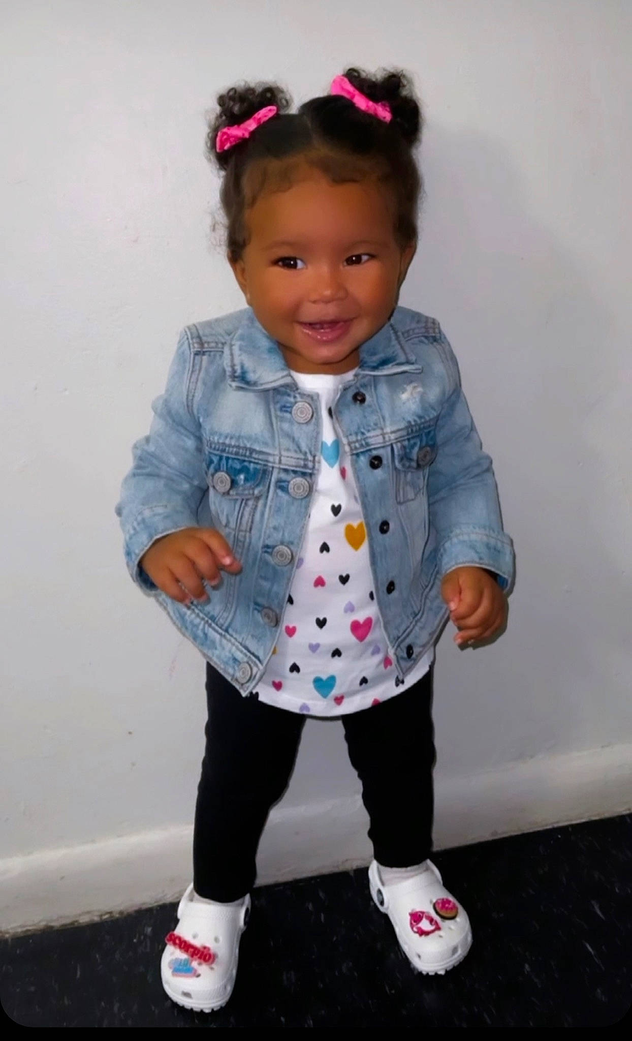 Kaelynn joined the competition — help win amazing prizes! arm, baby_toddler_clothing, cheek, child, dress_shirt, electric_blue, face, facial_expression, gesture, hair, happy, head, human_body, joy, pattern, person, pink, shoe, sleeve, smile