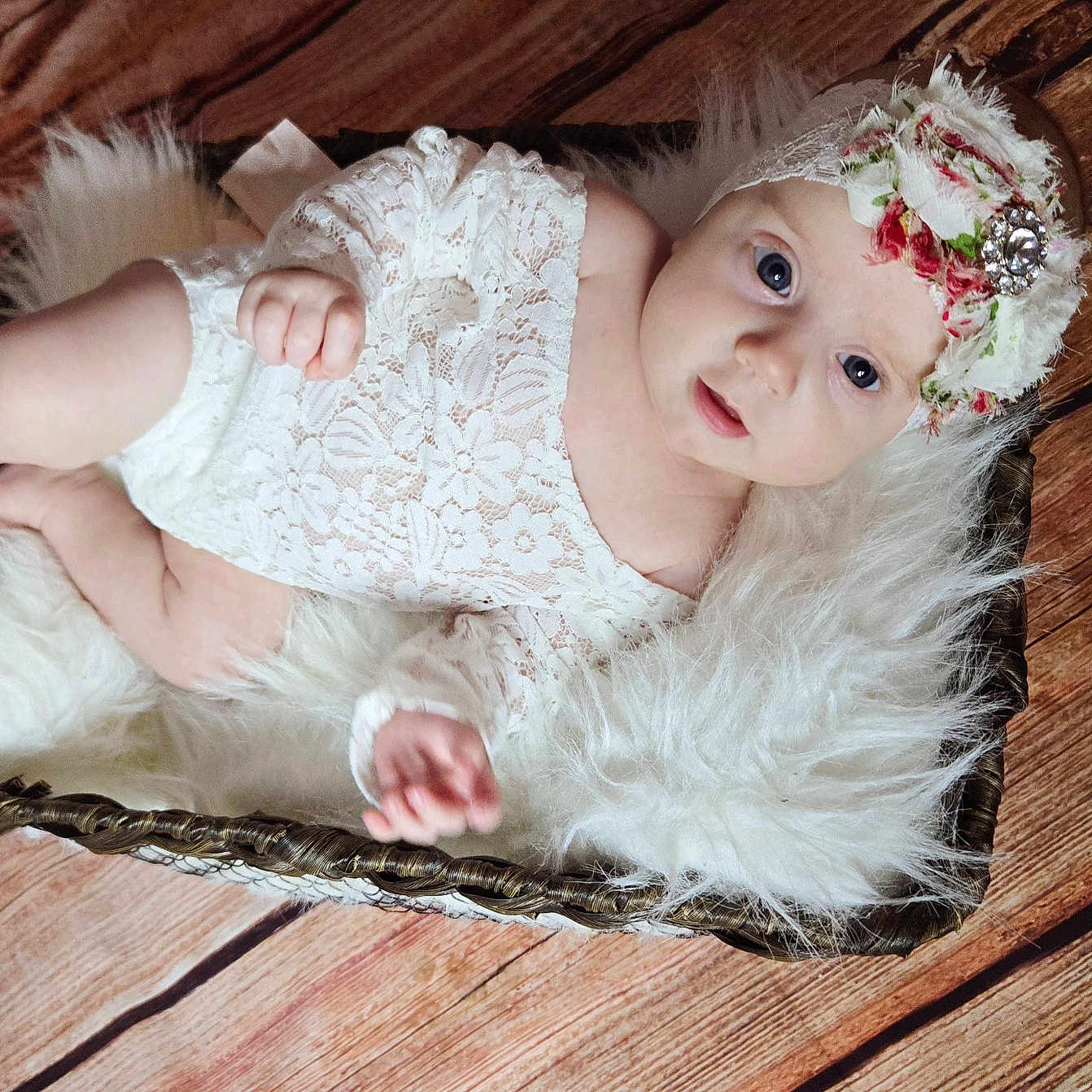 Gracelynn is registered to the contest to win money with this photo: accessories, baby, basket, bonnet, cap, clothing, costume, dress, face, fashion, hardwood, hat, head, lace, newborn, person, photography, portrait, sitting, wood
