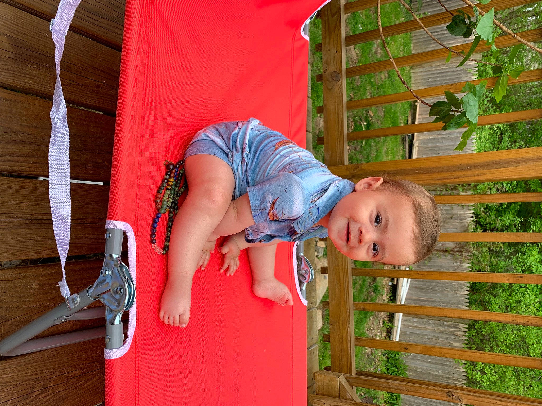 Sam joined the competition — help win amazing prizes! child, fence, fun, grass, happy, joy, leisure, mammal, outdoor_play_equipment, person, plant, product, recreation, red, sitting, smile, summer, t_shirt, toddler, tree