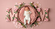 Apollo is registered to the contest to win money with this photo: baby, infant, pink, basket, roses, flowers, pacifier, onesie, fluffy, petals, cute, soft, portrait, child, newborn, lying_down, decor, studio, flower_arrangement, background