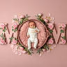 baby, infant, pink, basket, roses, flowers, pacifier, onesie, fluffy, petals, cute, soft, portrait, child, newborn, lying_down, decor, studio, flower_arrangement, background