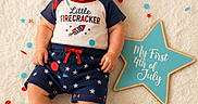 Apollo is registered to the contest to win money with this photo: 4th_of_july, baby, blue_shorts, celebration, clothing, confetti, cute, festive, fluffy_blanket, happy, holiday, independence_day, infant, laying_down, portrait, red_white_and_blue, sign, smiling, star_pattern, white_shoes