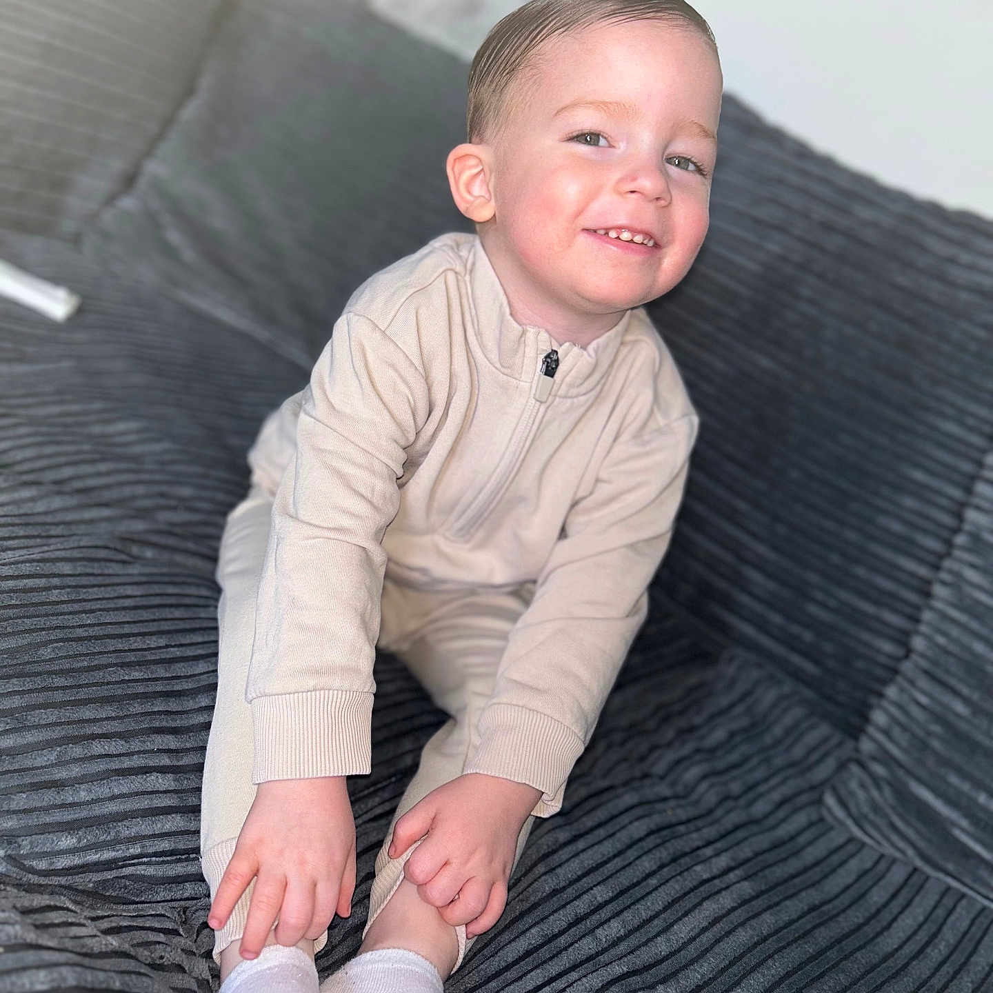 Harvey-Joe joined the competition — help win amazing prizes! baby, babylaughing, blonde, boy, child, clothing, face, hair, happy, head, hosiery, male, pants, person, photography, portrait, sitting, sleeve, smile, sock