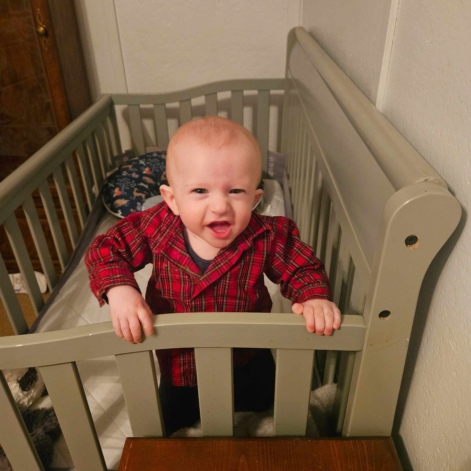 David joined the competition — help win amazing prizes! baby, child, crib, red_shirt, plaid, smiling, happy, indoor, wooden_crib, furniture, person, infant, hands, face, expression, home, room, cute, standing, young