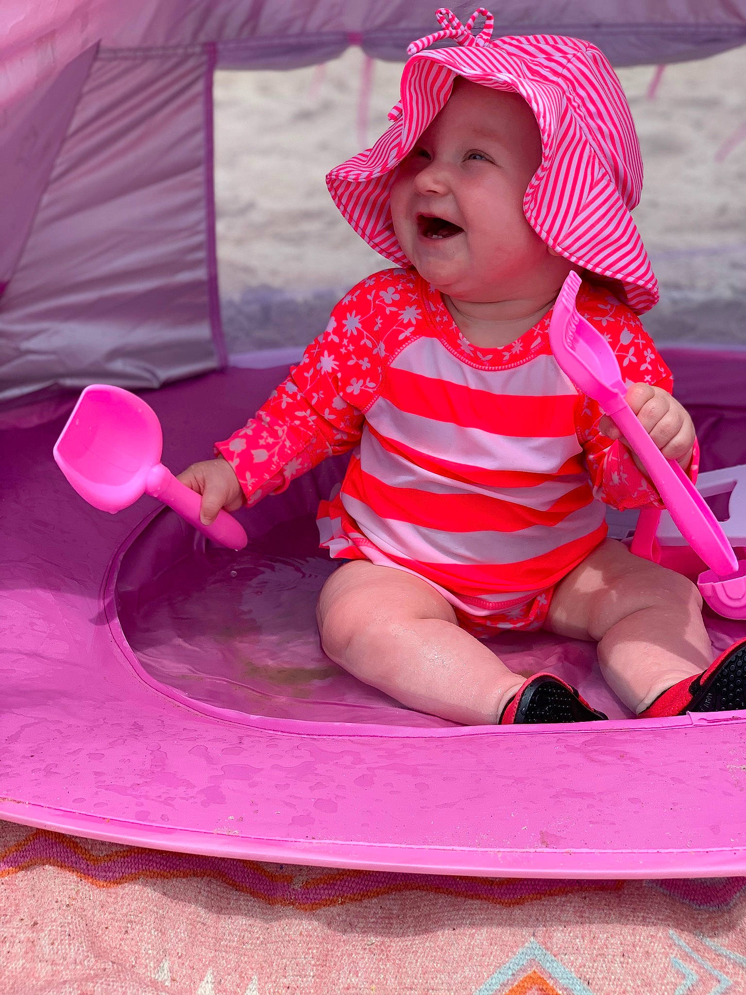 Sophia joined the competition — help win amazing prizes! baby, baby_toddler_clothing, beauty, child, facial_expression, fun, happy, hat, headwear, leisure, magenta, person, pink, purple, recreation, shorts, skin, sleeve, smile, tent