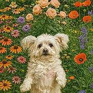 Pebbles is registered to the contest to win money with this photo: dog, flower, garden, white_dog, standing, curious, outdoor, nature, colorful, greenery, pet, animal, cute, fluffy, summer, plants, pink_flowers, orange_flowers, purple_flowers, yellow_flowers