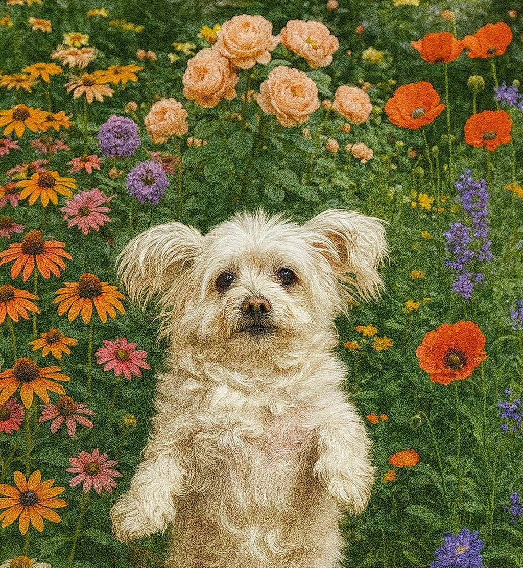 Pebbles is registered to the contest to win money with this photo: dog, flower, garden, white_dog, standing, curious, outdoor, nature, colorful, greenery, pet, animal, cute, fluffy, summer, plants, pink_flowers, orange_flowers, purple_flowers, yellow_flowers