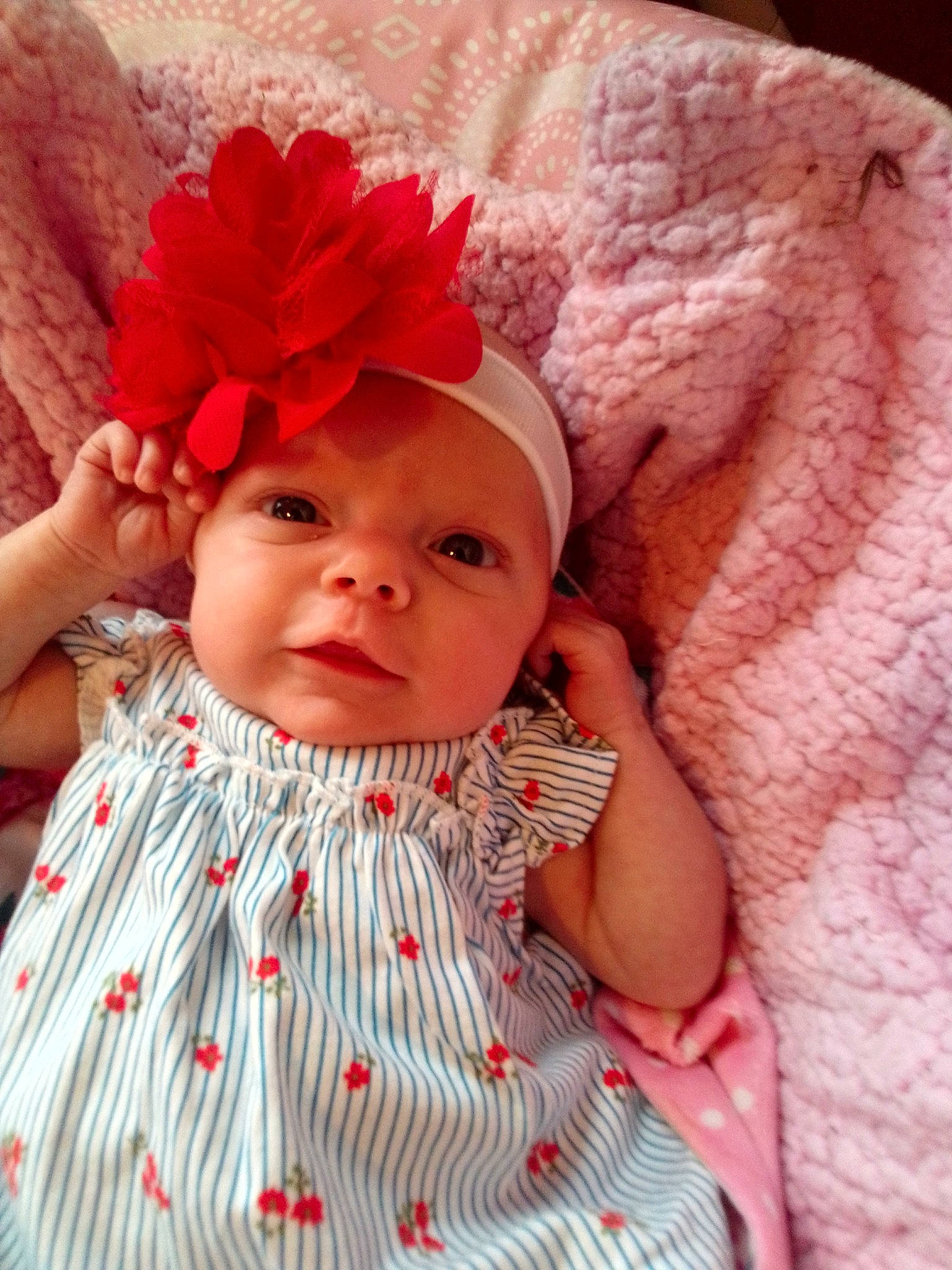 Adalynn Jean joined the competition — help win amazing prizes! baby, cheek, child, hair_accessory, head, headgear, headwear, lip, peach, person, pink, red, skin, textile, toddler