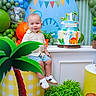 toddler, child, smile, birthday_cake, balloons, party, dinosaur, decorations, plant, table, shoes, shorts, shirt, smiling, indoor, celebration, colorful, props, happy, face