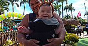 Odin joined the competition — help win amazing prizes! baby, balloons, bridge, bunny_ears, carrier, celebration, clothing, family, festival, fun, greenery, holiday, outdoor, palm_trees, people, plants, smile, sunny, water, woman