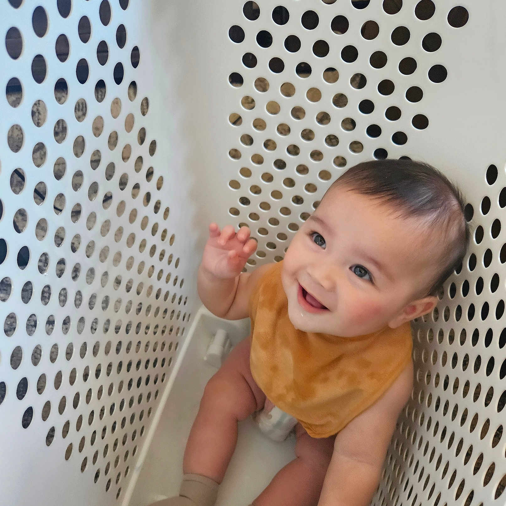 Odin is registered to the contest to win money with this photo: baby, child, smiling, laundry_basket, sitting, bib, socks, happy, cute, infant, playful, indoor, white, plastic, holes, closeup, portrait, cheerful, looking_up, young